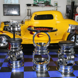 Hot Rod Barstools in Decorated Garage