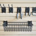 slatwall hooks and basket on slatwall panels